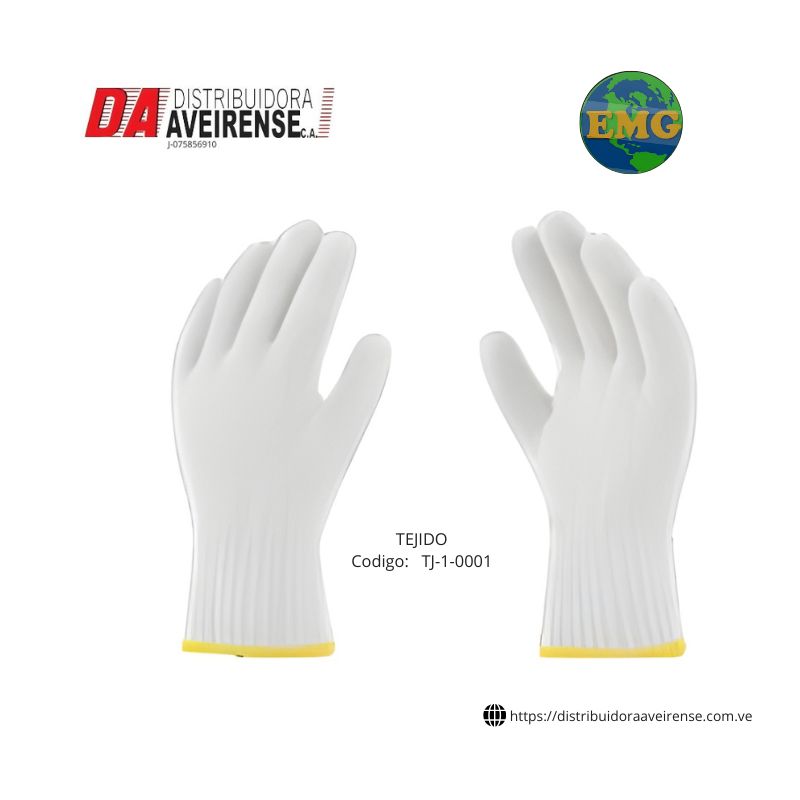 Guante TEJIDO. color blanco con  cinta amarilla 