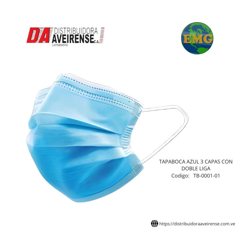 TAPABOCA AZUL 3 CAPAS CON DOBLE LIGA., precio caja de 50 unidades 