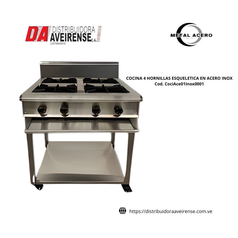 COCINA 4 HORNILLAS ESQUELETICA EN ACERO INOX.