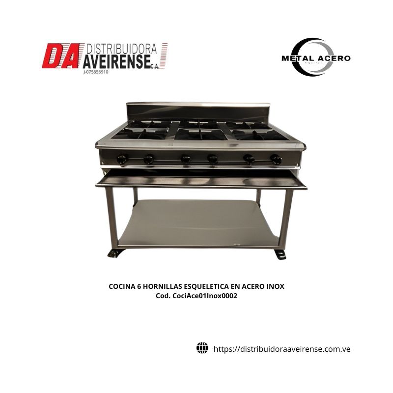 COCINA 6 HORNILLAS ESQUELETICA EN ACERO INOX.