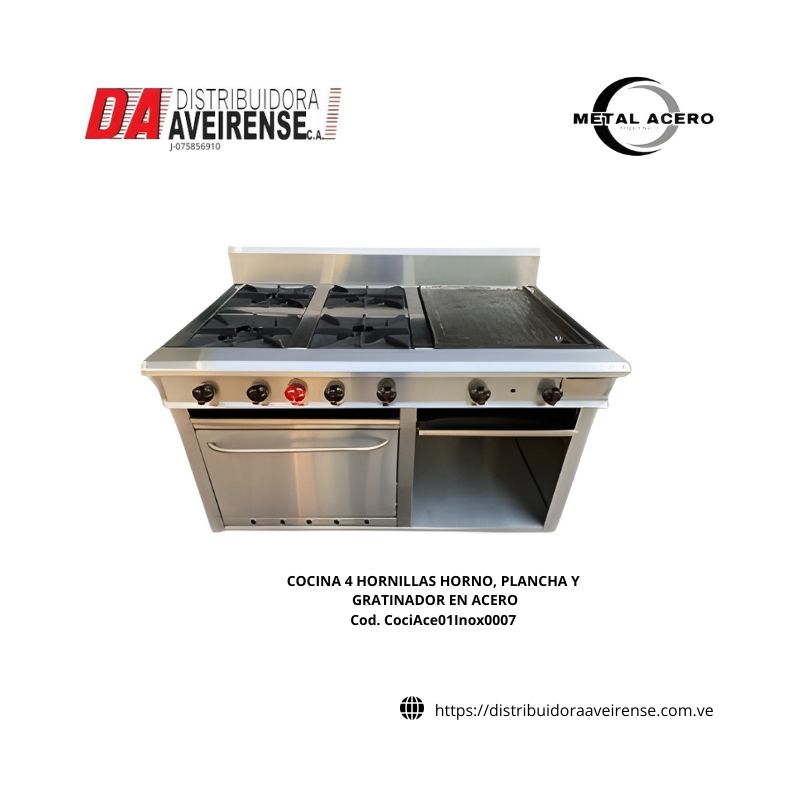COCINA 4 HORNILLAS HORNO, PLANCHA Y GRATINADOR EN ACERO.