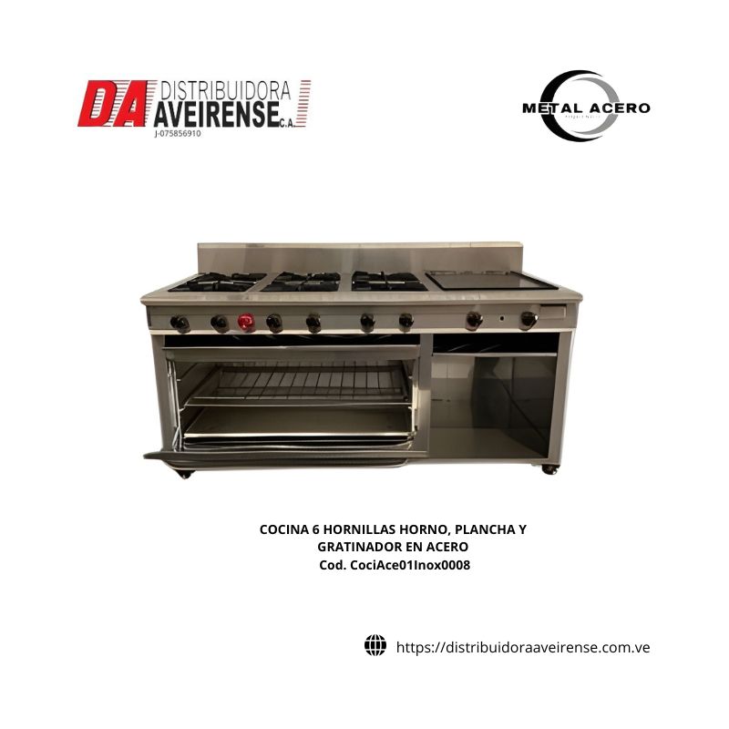 COCINA 6 HORNILLAS HORNO, PLANCHA Y GRATINADOR EN ACERO. placha 44x69, horno 94x65x37 parrilla 30x30