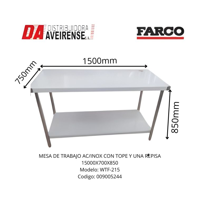 MESA DE TRABAJO  AC/INOX CON  REPISA 15000X700X850